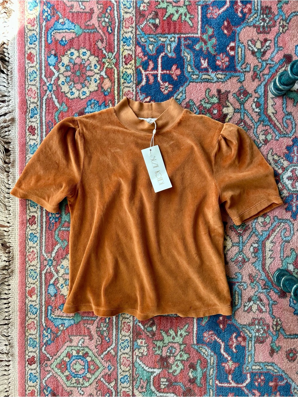 NWT Suzie Kondi Short Puff Sleeve Velour Velvet Mock Neck Top - “Myrrh” Brown XS